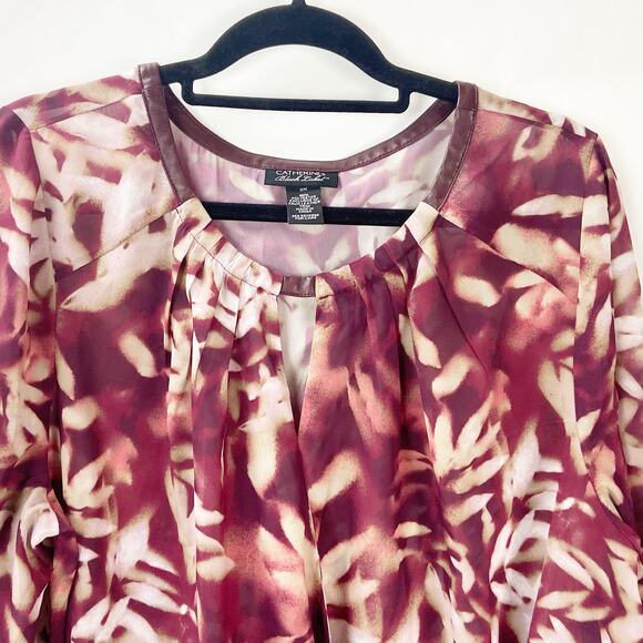 Catherines Black Label 0X 1X Plus Womens Maroon Ivory Print Faux Wrap Blouse - Picture 2 of 6